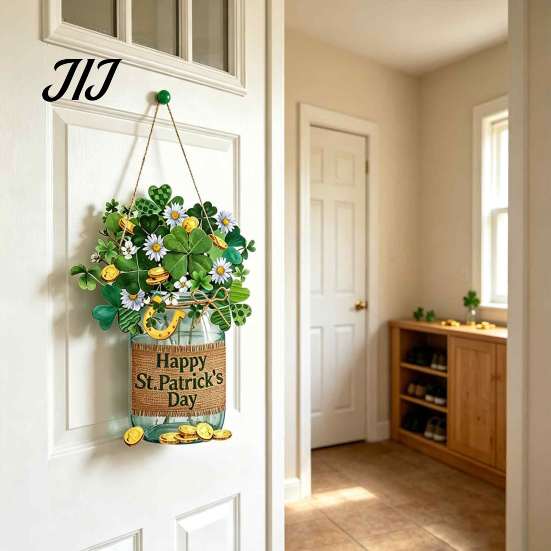 Decorative Clover Wooden Board St. Patrick's Day Door Sign, Luck Green Hat Themed Hanging Shamrock Ornament Plaque, Ornaments for Holiday Front Porch