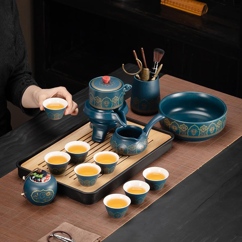 Household tea brewing light luxury blue ancient rhyme automatic tea set Household lazy tea brewing device light luxury ceramic stone grinding teapot