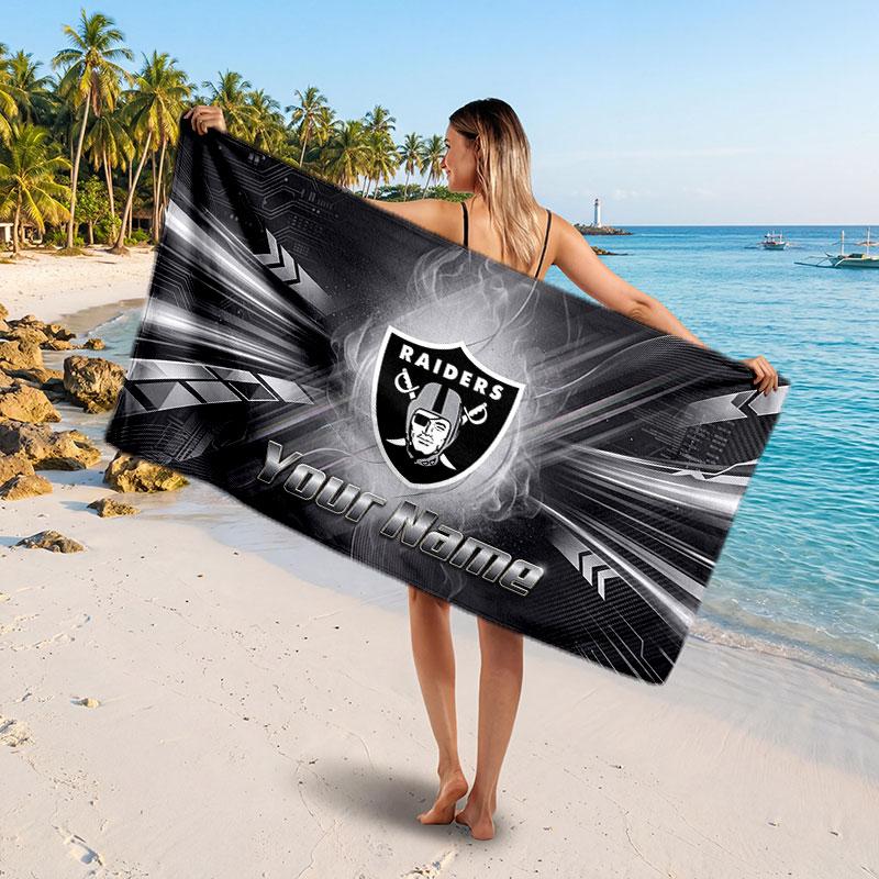 Las Vegas Raiders Customized Name Text Beach Towel, Soft Absorbent Towel Beach Pool Travel Personal Gift