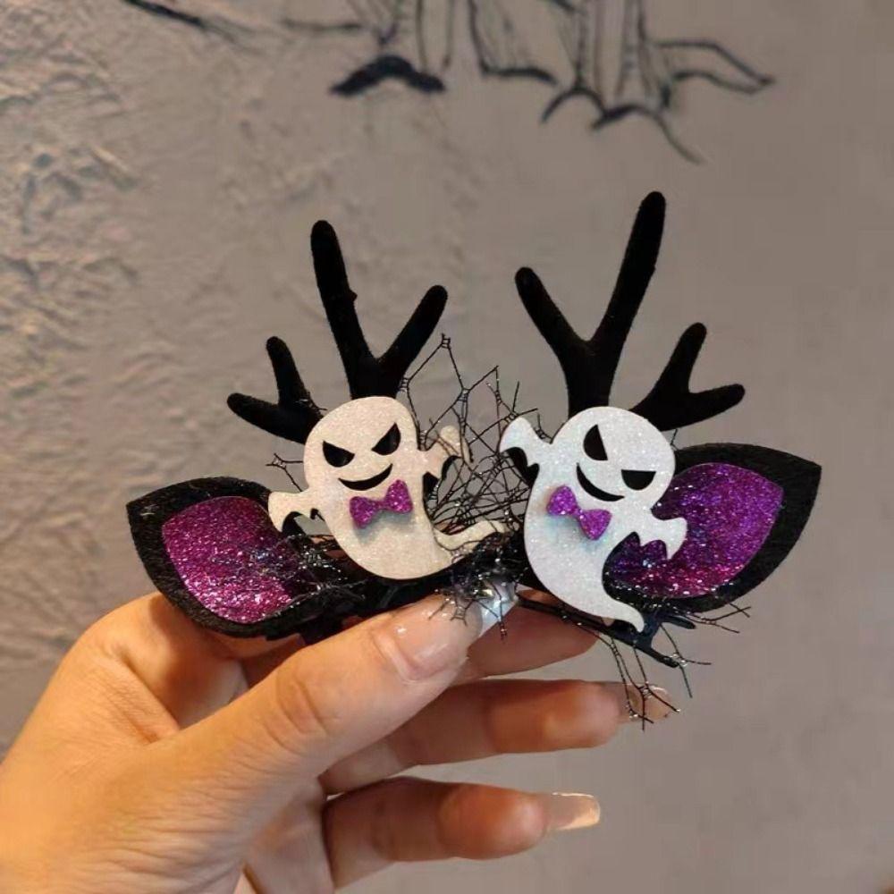 Dark Style Halloween Hair Clips Pumpkin Ghost Deer Antlers Double Ponytail Side Clip  Baby Girls