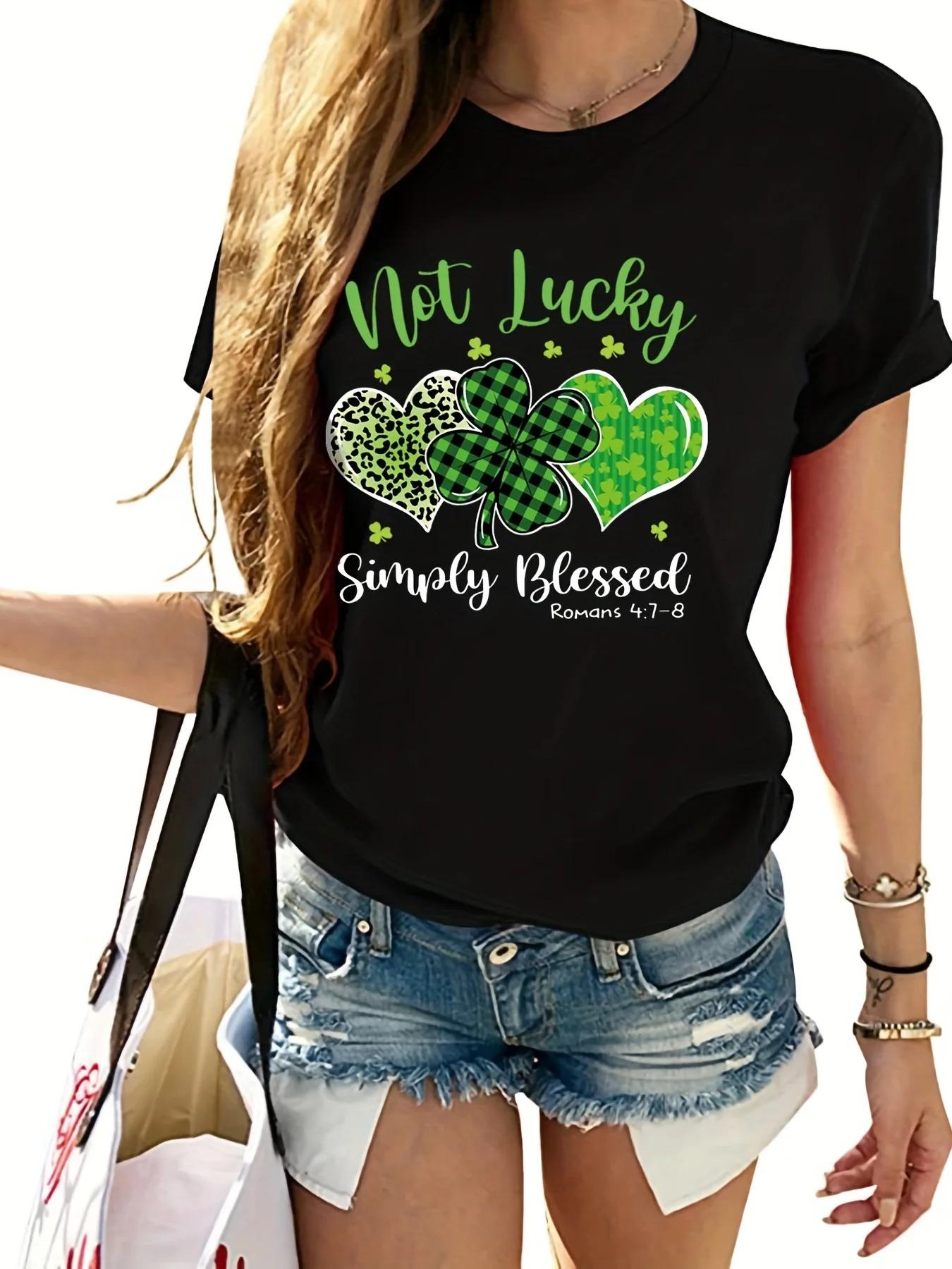 

St Patricks Day Womens Tshirt Fourleaf Clover and Heart Print Casual Short Sleeve Crew Neck Top FeUnisex Y2K Tops Clothes 4XL