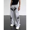 Calça Esportiva de Cintura Ajustável com Estampa Gótica Escura, Calça de Moletom Unissex de Perna Larga, Modelagem Solta e Slim