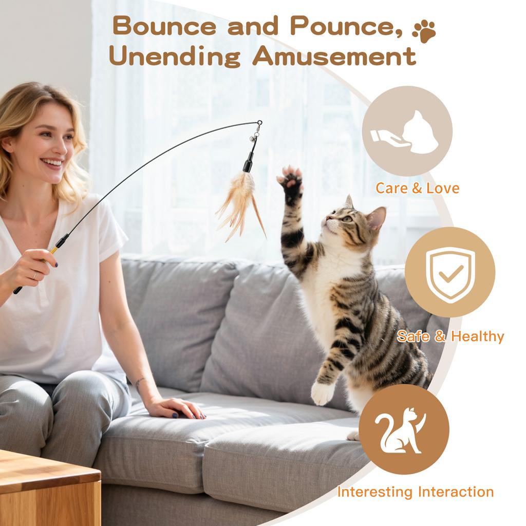 Feather Teaser Cat Toy Flying Feather Cat Catcher with Extra Long 34.5" Wand and Small Bell Fun Exerciser Playing Toy for Kitten
