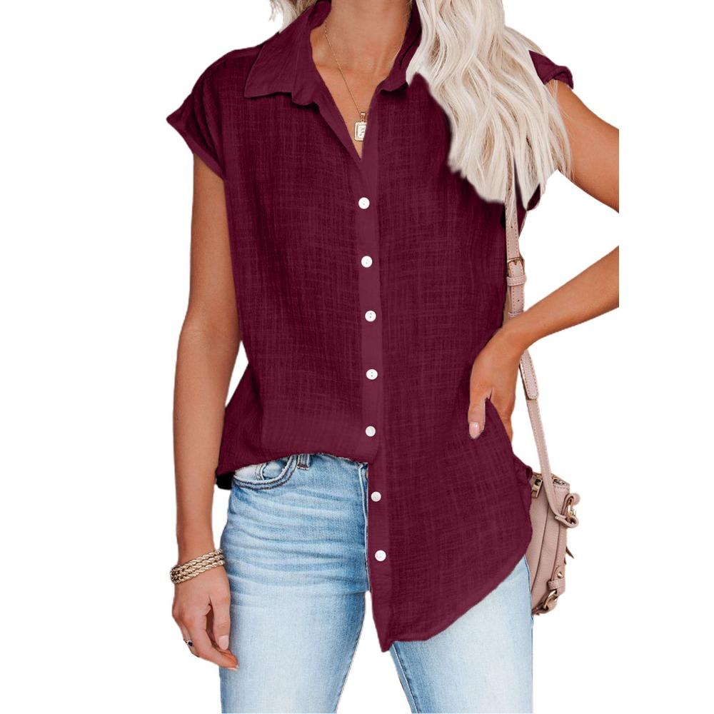 Summer Solid Color Single-breasted Shirt for Women Casual Short-sleeved Tops