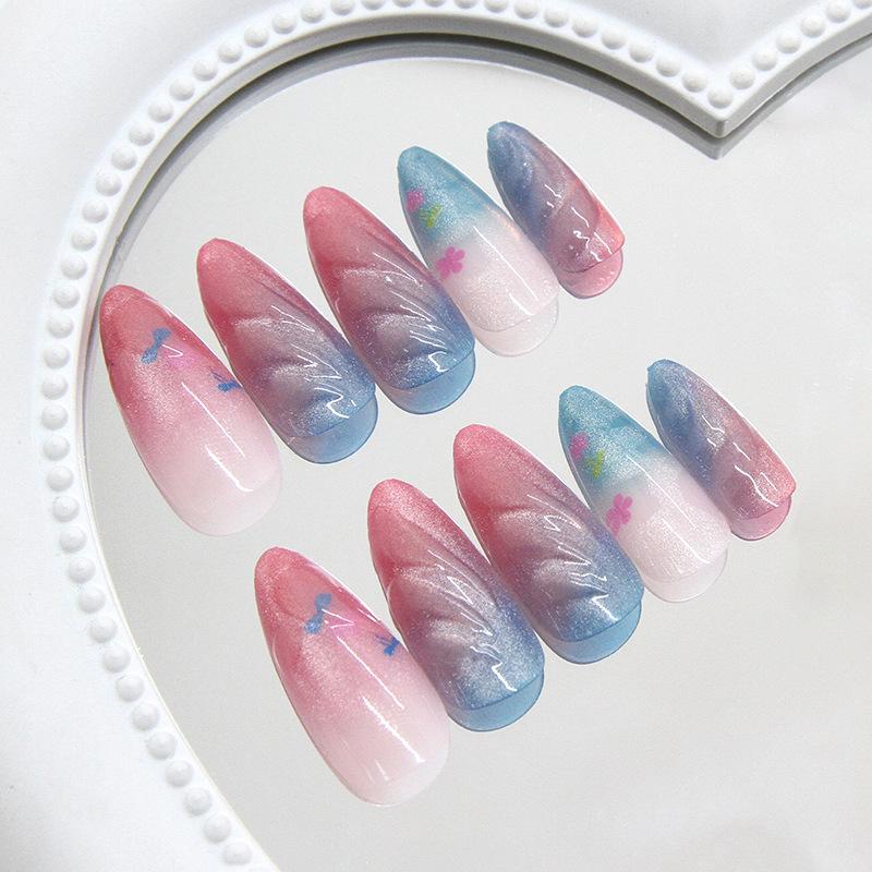 Three-dimensional Ripple Blue Gradual Change Cat Eye Wear Armor 24 Pieces Press On Nails