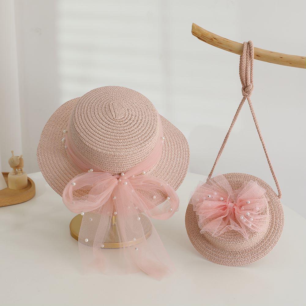 2pcs Set Girls Straw Hat Shoulder Bag Kids Summer Holiday Fisherman Hats Baby Princess Lace Pearl Bowknot Beach Straw Sun Cap