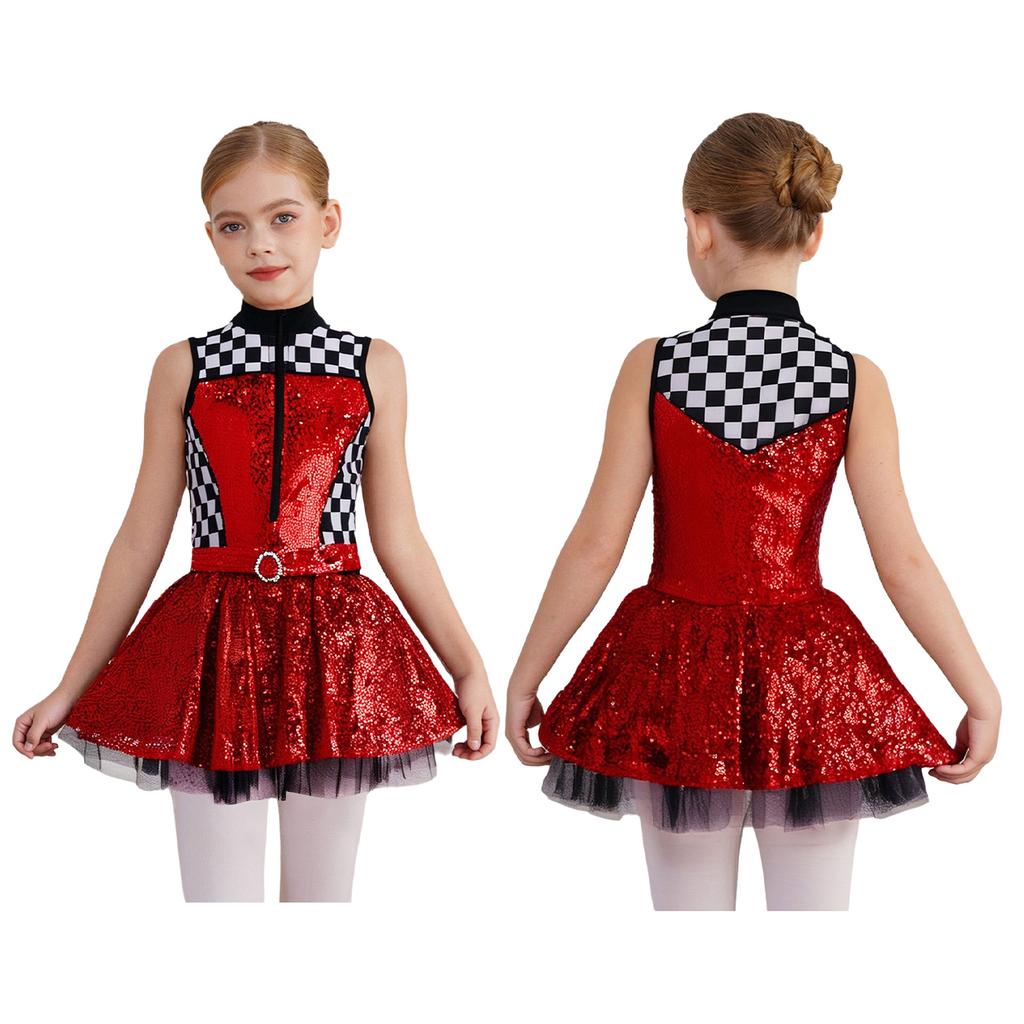 Sleeveless Race Car Costume Dress for Girls: Sparkly Sequin Top with Checkerboard Pattern & Easy Zip Front with Attached Shorts