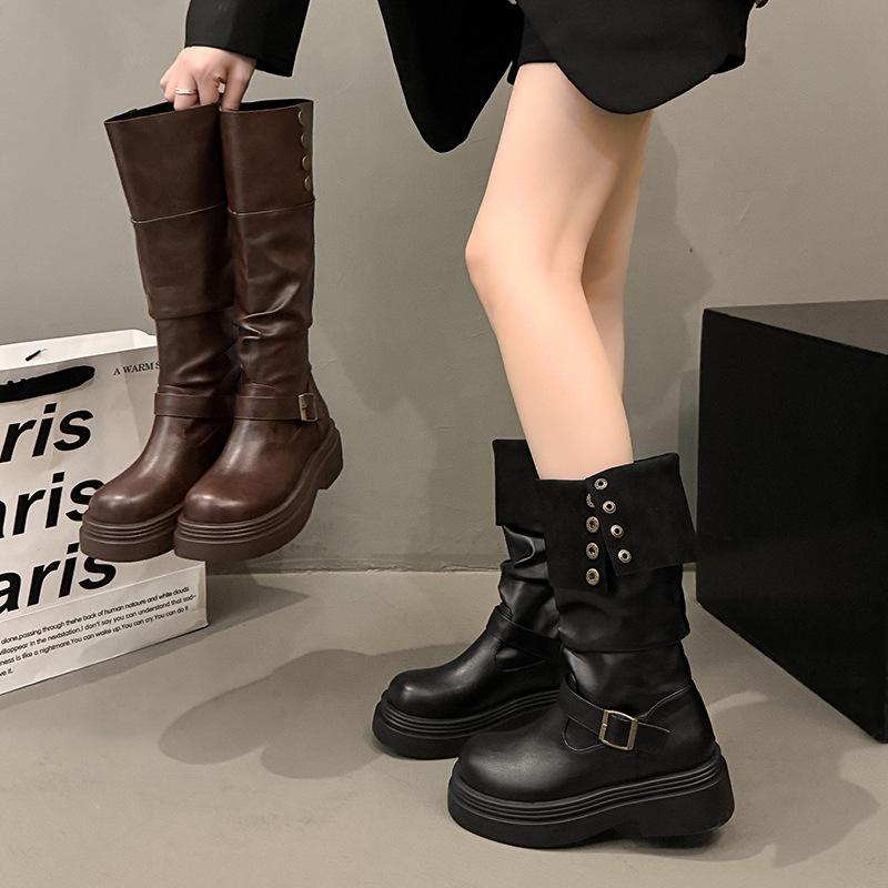 Brown retro British style thick heel platform boots women's 2025 new autumn and winter thin boots knight boots