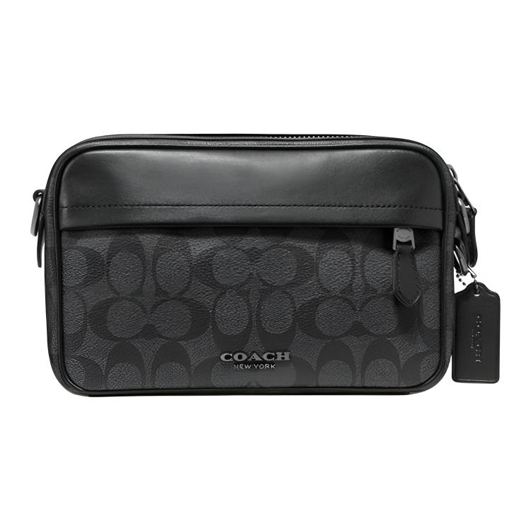 Coach Men's Black/Gray Graham 24 Classic Monogram Print Zipper Camera Bag Shoulder Bag 50715-Qbaf4