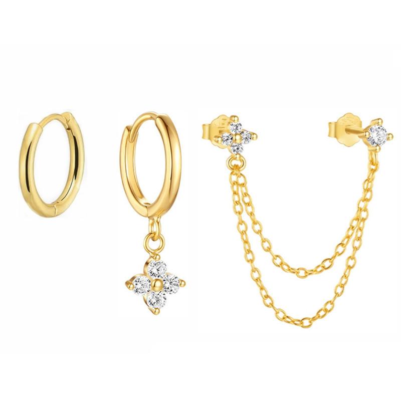 3PCS New Fashion Four Zircon Flower Hoop Earring Set For Women Stainless Steel Double Stud Chain Tassel Huggie Piercing Jewelry