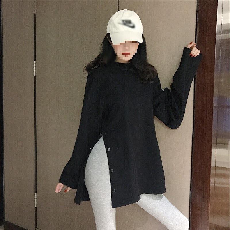 

Korean Women s Plus Size Long Sleeve T-Shirt - Loose Mid-Length Slit Solid Color for Autumn/Winter M чорний