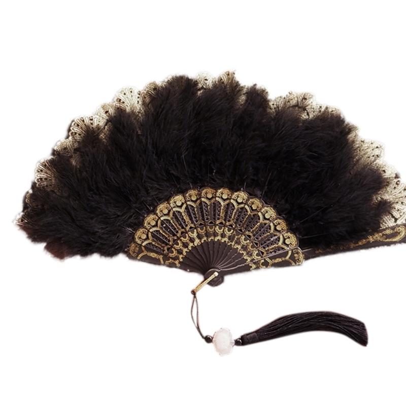 

Весільний пір яний віяло Ручної роботи Ретро мереживні пір яні віяла для весільної вечірки Подарунок Китайська розкішна весільна прикраса 1 чорний
