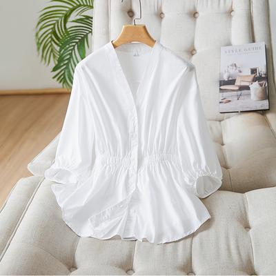 V-neck Shirt Women's Summer New Bubble Sleeve Loose Cotton Shirt