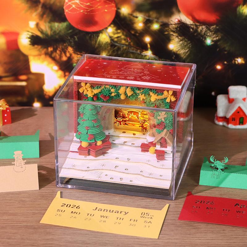 Time Piece Calendar 2026 Desk Calendar With Led Light 3D Tear-Away Calendar Paper Carving Art Memo Pad Notepad Gift Christmas