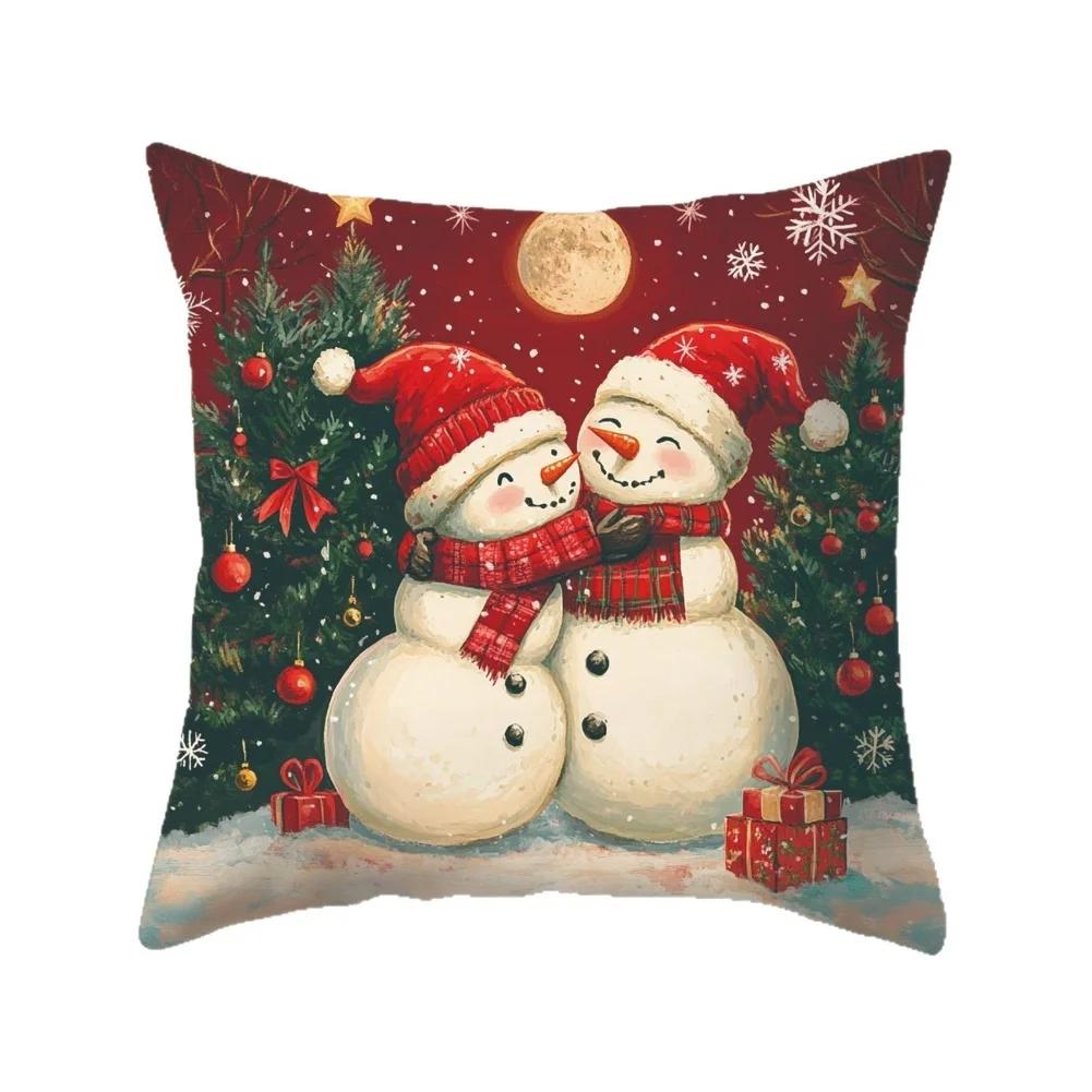 Christmas Pillow Covers 4 Pack Polyester 18x18 Inches with Santa Snowman Reindeer Prints for Sofa and Chair Decor