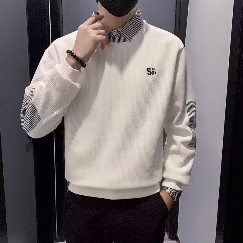 Men s Korean Style Patchwork Hoodie with Shirt Collar - Autumn Casual Trendy Fashion Top XL