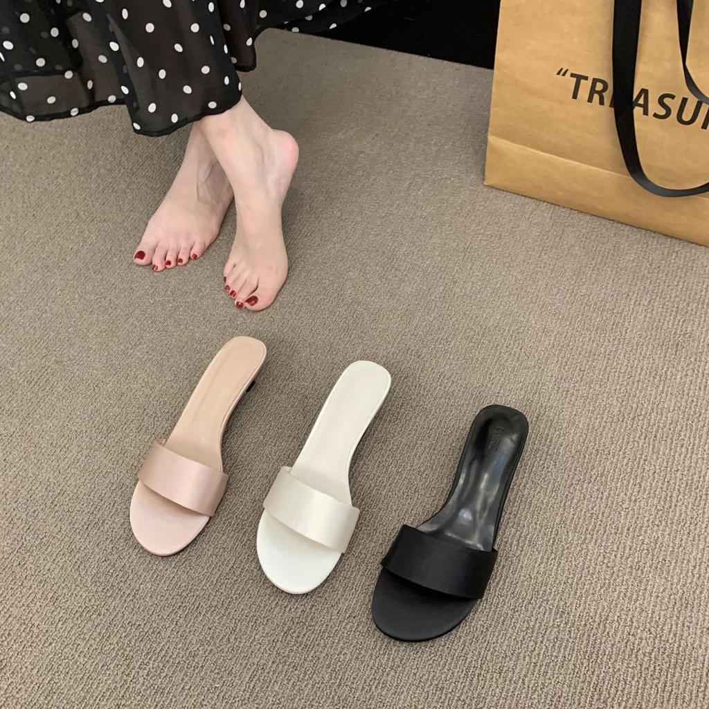 Simple and High-end Satin One-word Cat and Slippers Outer Wear Women's 2025 Summer New Open-toed Stiletto Mid-heeled Sandals
