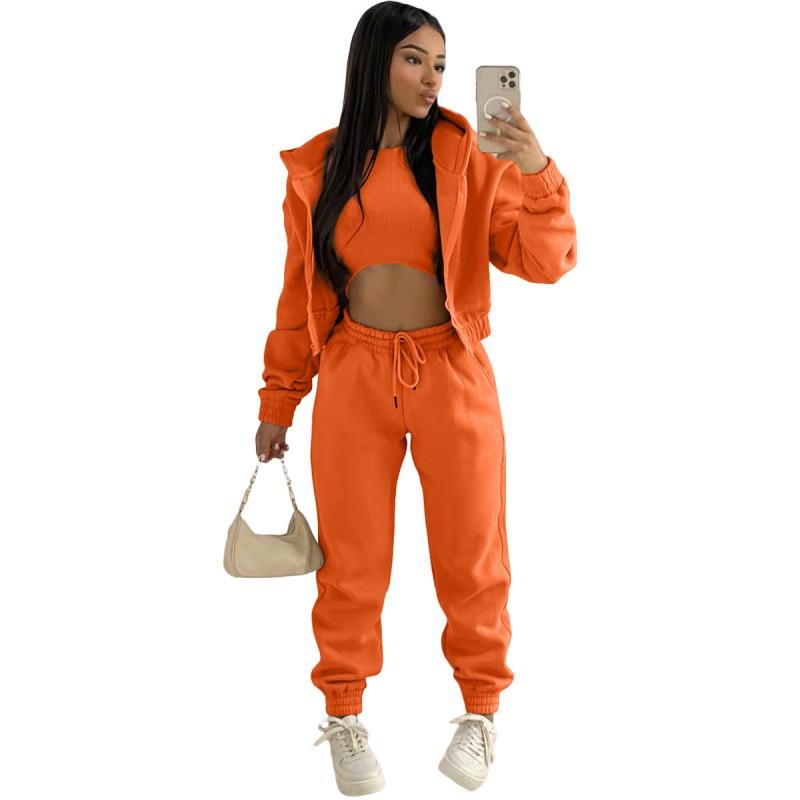 Womens 2026 Warm Fleece-Lined Hooded Sweatshirt Set 3-Piece Casual Streetwear Outfit In Pink Orange Gray Black Brown Khaki