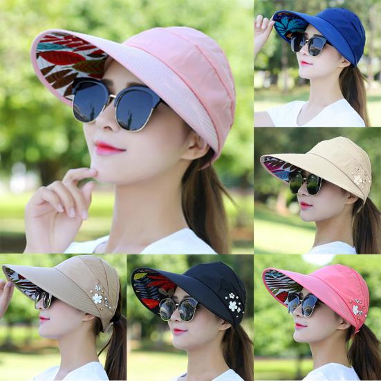 Women Solid Color Wide Brim Beads Flower Decor Sun Hat Visors Outdoor Sports Cap