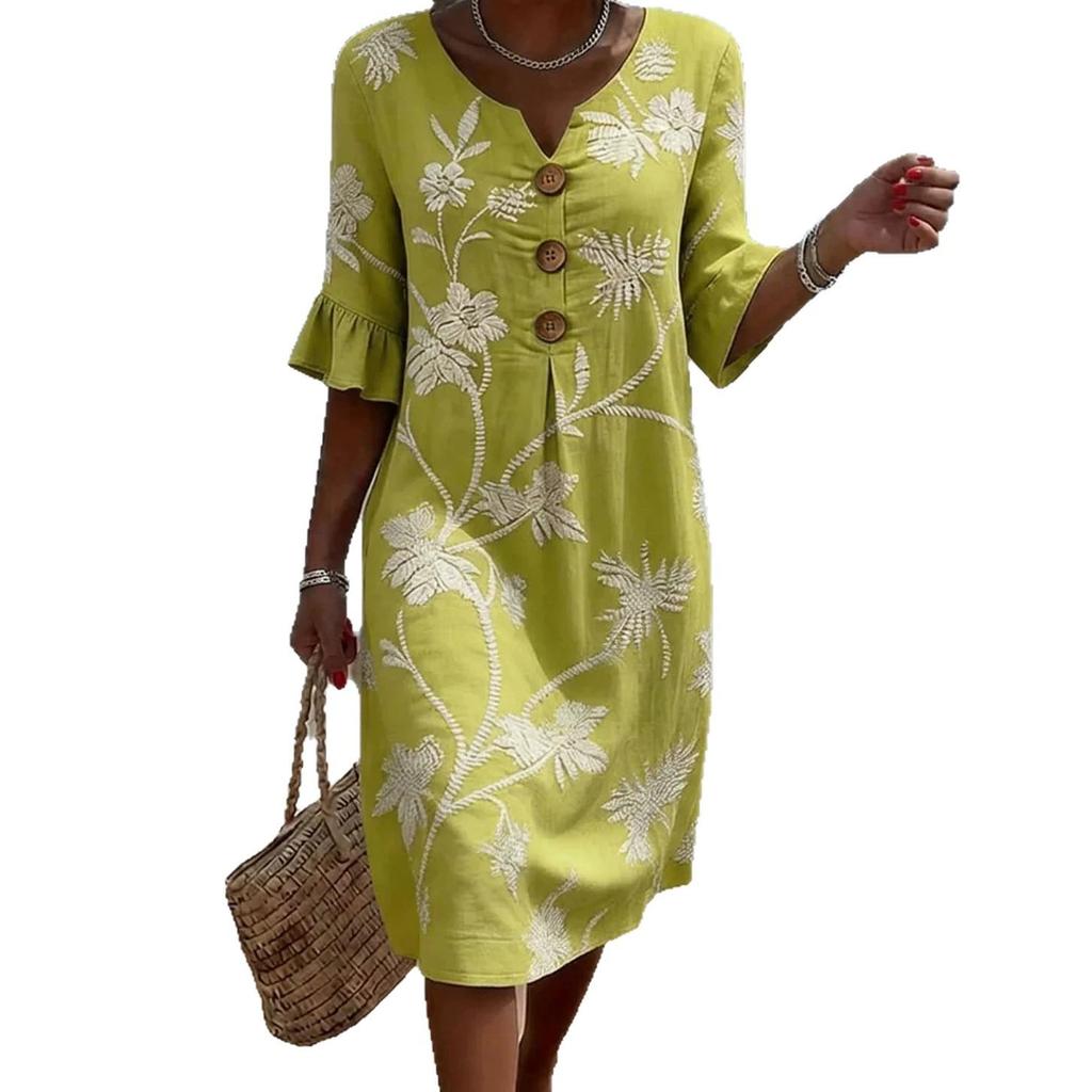 In-Stock Women's Floral V-neck Button Cotton Linen Dress