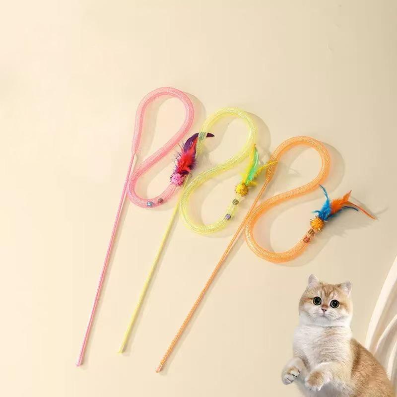3pcs Mix Feather Teasing Cat Stick Elastic Mesh Tube With Feathered Furry Ball Cat Toy Rod Kitten Interactive Toys Pet Wand