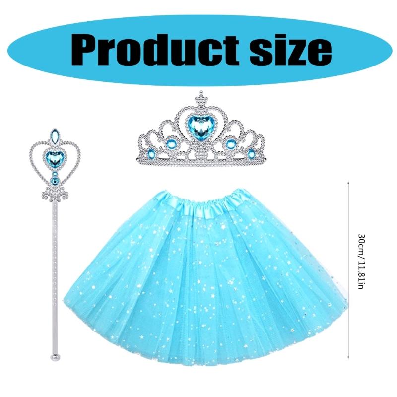 3 Pcs/Set Kids Princess Costume Accessories Crowns 3 Layers Tutu Skirt Magics Wand Ballet Skirt for Halloween Party