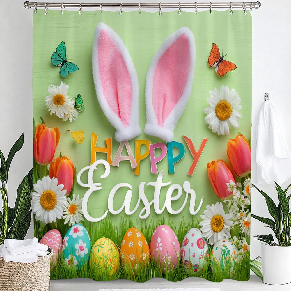 Happy Easter Eggs Cartoon Waterproof Shower Curtain Bathroom Curtain,Hanging Curtain 12 Hooks Decoration Machine Washable