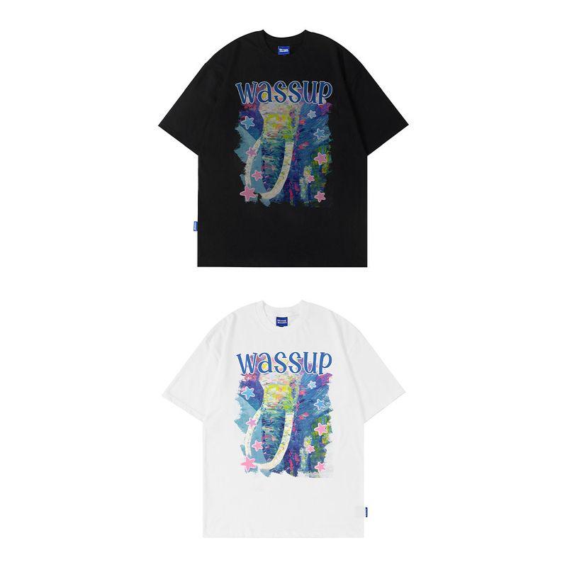 Wassup Heods Retro Oil Painting Trendy Brand Short-Sleeved Men's and Women's Summer New Heavyweight Street Couple Round Neck T-Shirt