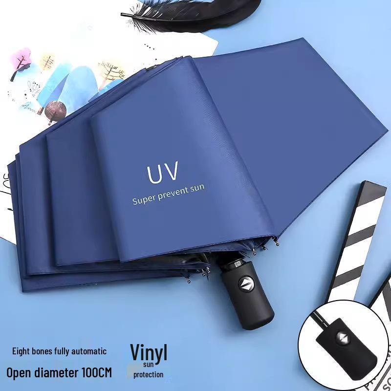 Automatic UV Three-Fold Umbrella - Black Glue Sun/Rain Protection with Printed Logo