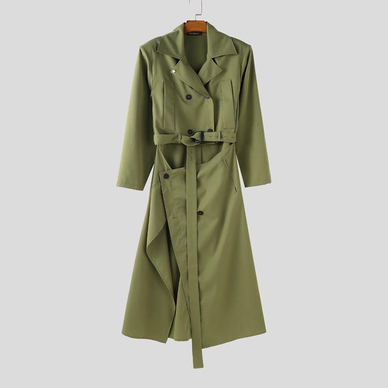 

INCERUN Autumn Men High Neck Long Sleeve Buttons Belt Cutout Thin Long Windbreaker Coats 3XL армія зелений колір