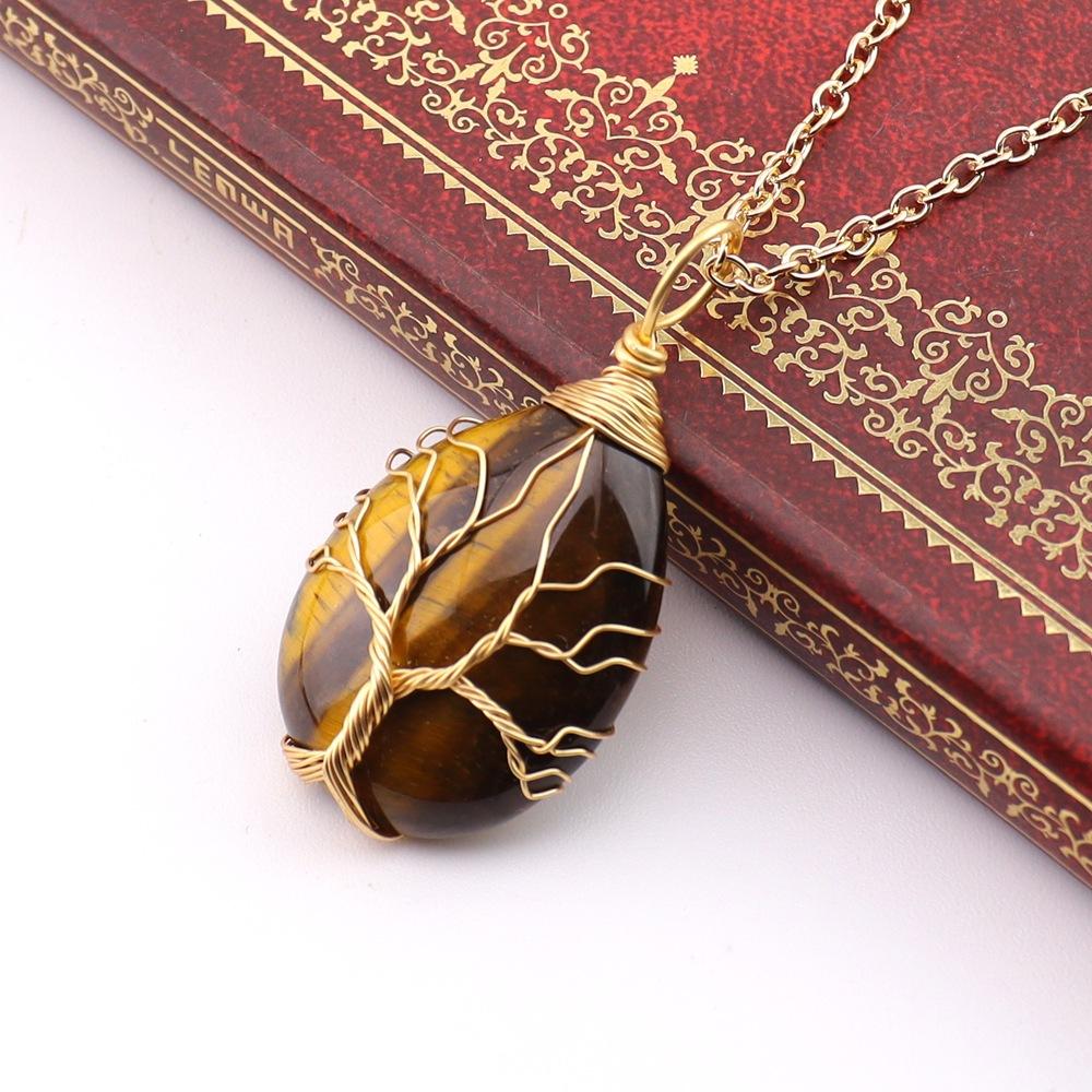 Natural Stone Crystal Agate Water Drop Winding Silk Tree Of Life Pendant Necklace Sweater Chain Water Drop Rough Stone N781