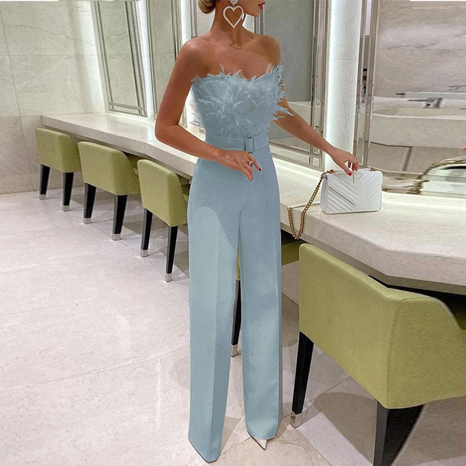 

Женская мода повседневный топ с перьями на груди сексуальные комбинезоны без рукавов L синий