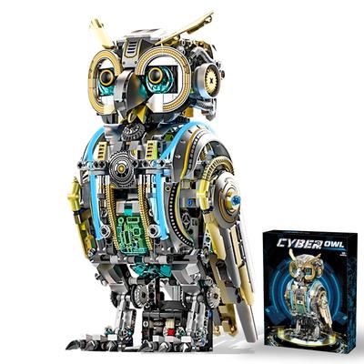 Steampunk-style Animal Building Blocks, Featuring an Owl with Articulated Joints and Light-up Function. Ideal for Tabletop Displ