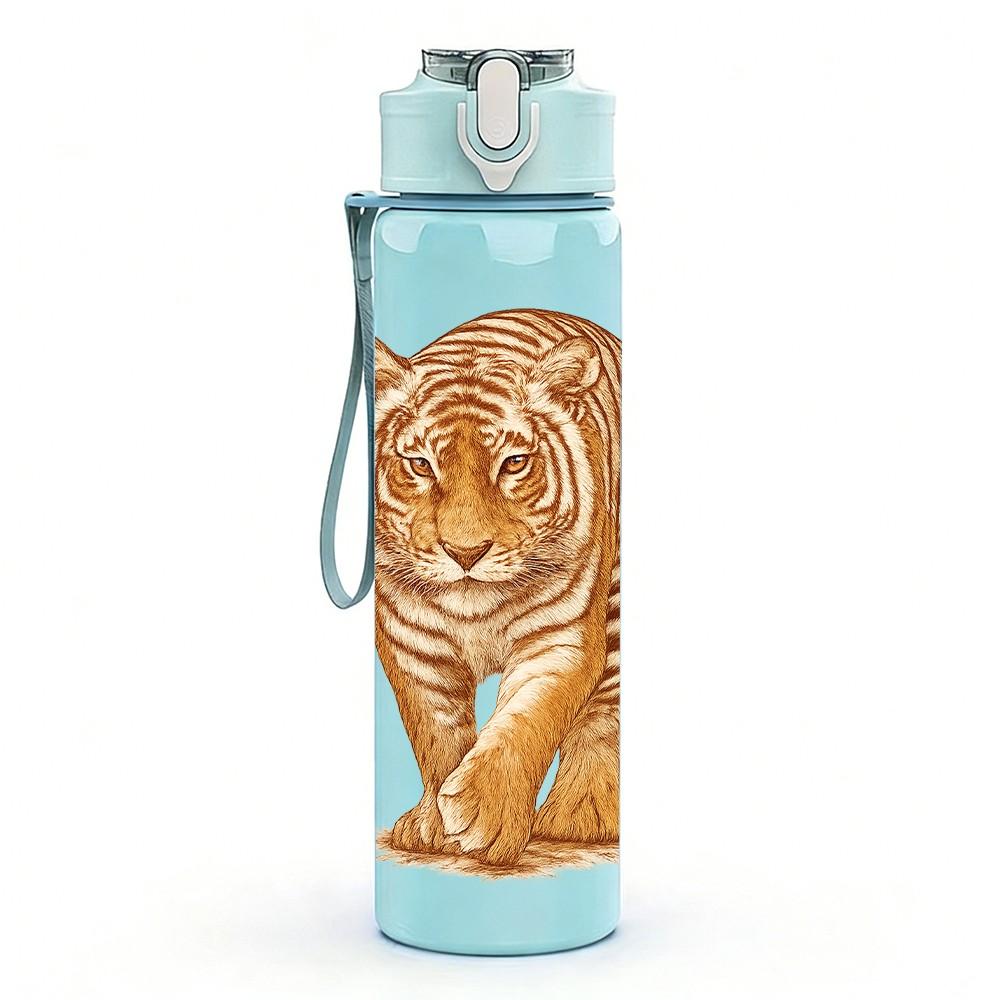1PC Realistic Tiger Head Portrait Print 750ml Color Plastic Sports Water Bottle Leakproof Flip Straw Lid Suitable for Sports Office Home Use