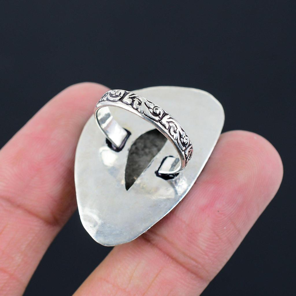 Stingray Coral Gemstone Art Deco New Statement Ring Size 7.5 925 Sterling Silver
