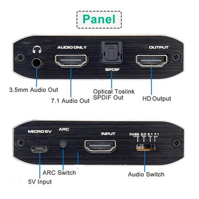 Separator audio din fibră optică din aliaj de aluminiu cu arc 7.1 4k X 2k 60hz 4 moduri audio Extractor audio