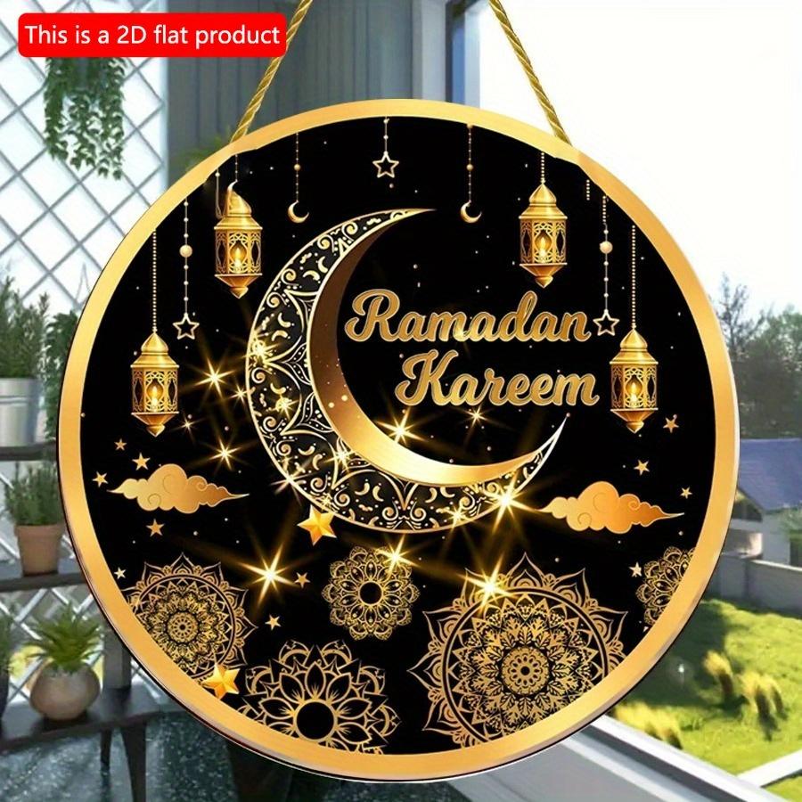 2D flach 20*20cm 1 Stück Ramadan Kareem Goldene Mond&Laternen Muster Schöne Islam Muslimische Partyzubehör, Geeignet zum Aufhängen an der Decke Runde Holzornament