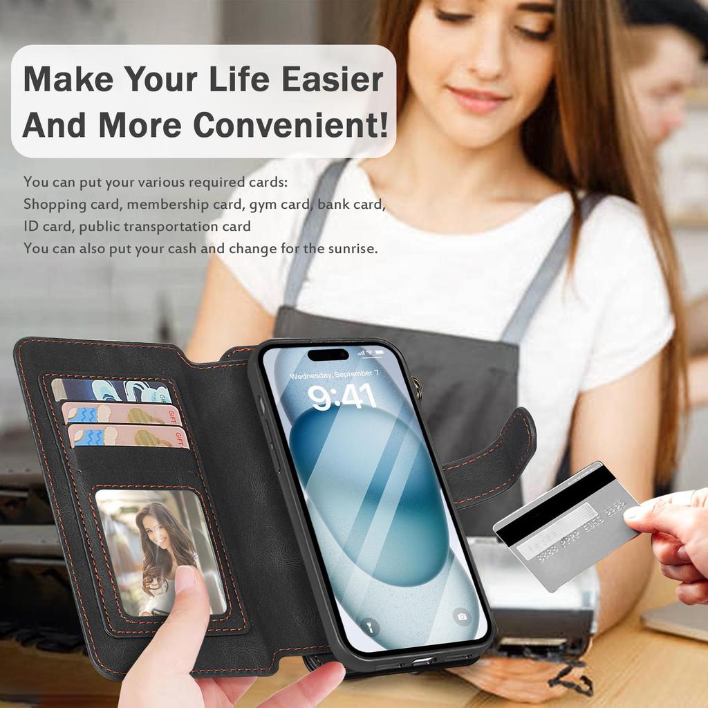 iPhone 16 Pro Multifunctional Leather Wallet Case with Detachable Magnetic Protection