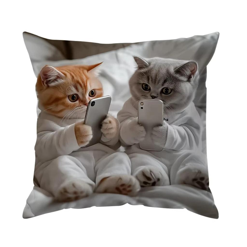 Home Decor Cute Kittens With Smartphones Printed Pillowcase Pattern Cushion Cover Suitable For Sofa Bedroom Car Pillow Cover