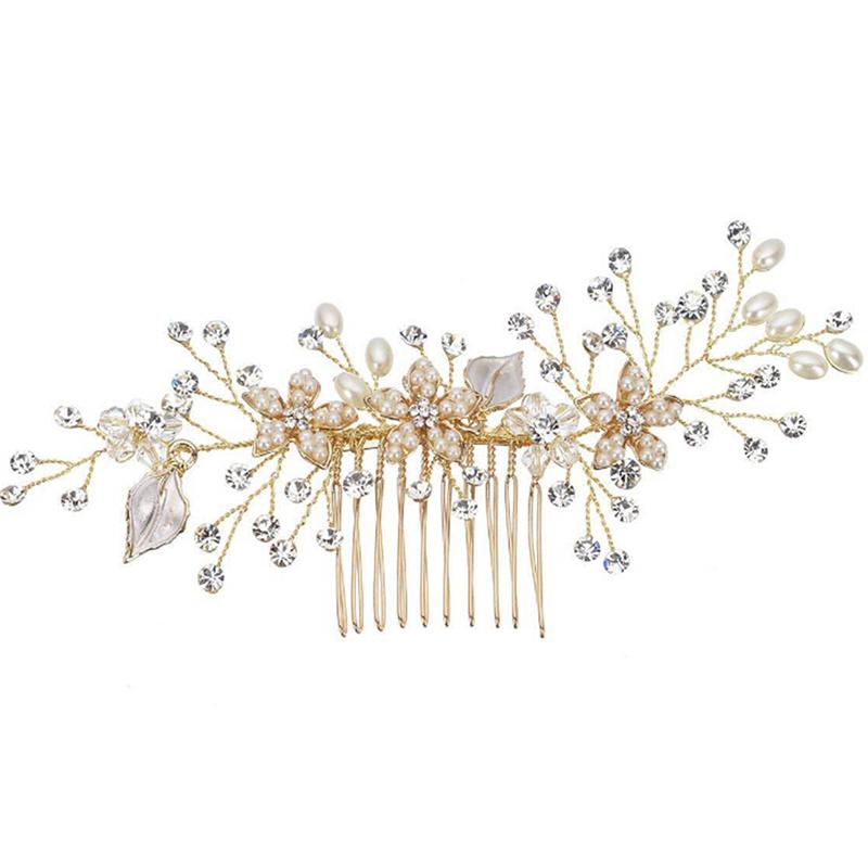 Women Gold Rhinestone Pearl Hair Comb Hair Clip Bridal Wedding Hair Accessories