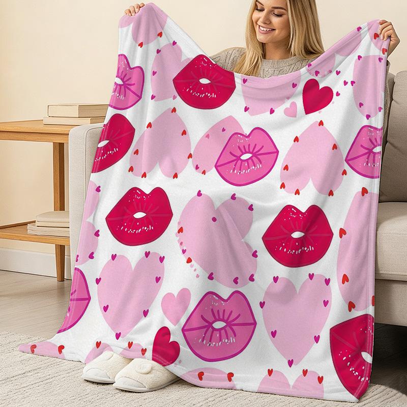 Thick Warm Flannel Blanket Heart & Lip Print, Soft Skin-Friendly Cozy Throw for Home Decor, Guest Room Single, Perfect Valentine's Gift