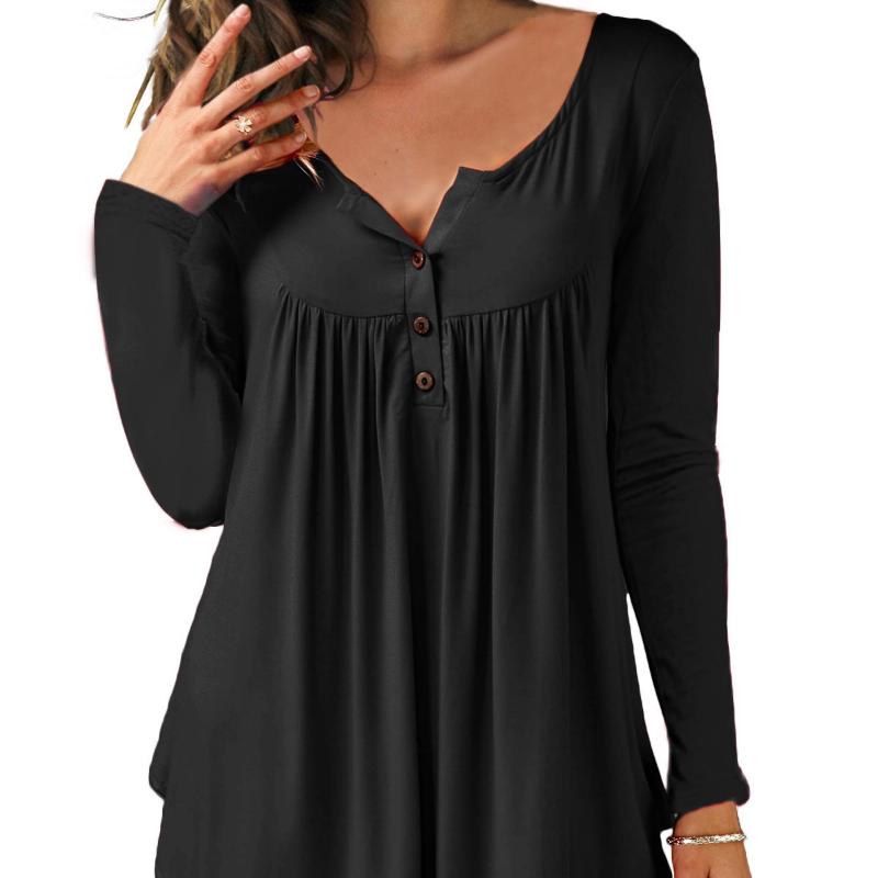 Women's V-Neck Button Pleated Long Sleeve T-Shirt Loose Top