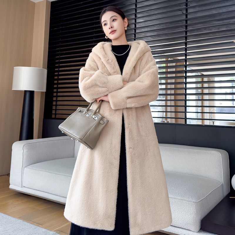 Winter New Warm Jacket Velvet Mink Coat Women's Whole Mink Environmentally Friendly Mink Fur Mid-length Coat