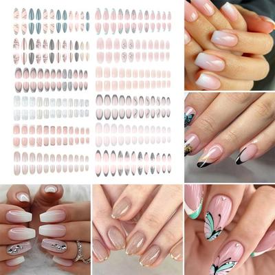 1 Set Wearable False Nails DIY Nail Art Kit with Glue & Nail File Press-on Nails Waterproof Gel Fake Nails Full Cover French Tips Artificial