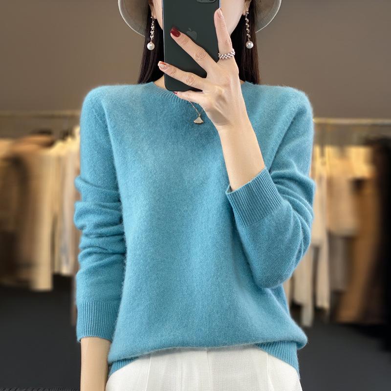 INDFS Women's Fashion Casual Fall Winter Solid Color Print Long Sleeve O-Neck Sweaters