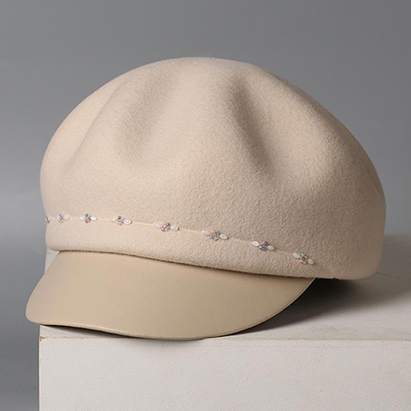 Autumn and Winter Light Luxury Handmade Diamond Chain Wool Cap Women's Versatile Fashion Newsboy Hat Trendy and Warm Felt Hat