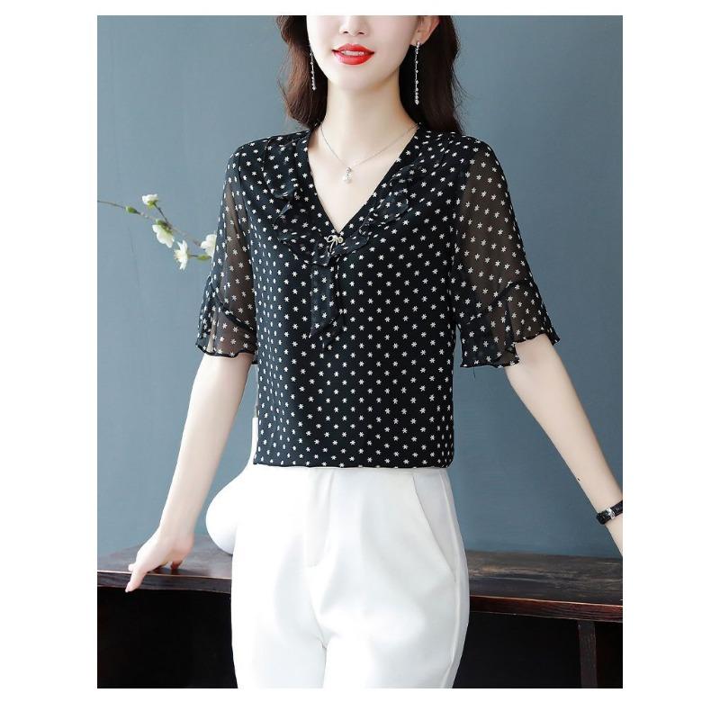 High-end Chiffon Shirt Fashionable Upscale Summer Loose Short-sleeved Top Elegant Dress Top