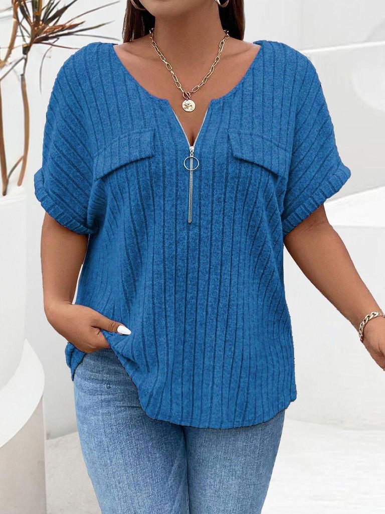 2026 Spring/Summer Plus Size Women's Zipper Short Sleeve Pullover T-shirt - Solid Color, Faux Pocket, Loose Fit
