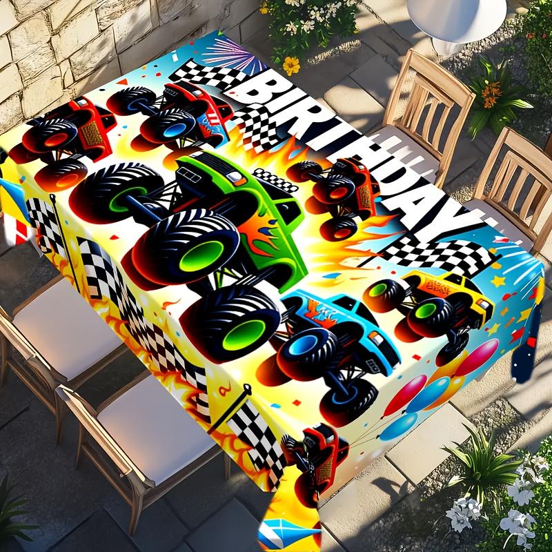 1 Stück Geburtstagsparty-Tischdecke, Monster-Truck-Thema, Rechteckige Polyester-Tischdecke.PMJ