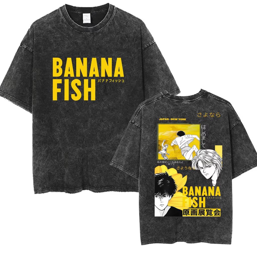 Summer Hot Sale Anmie Banana Fish Washed Vintage Graphic Tshirt Men Women Vintage Top Y2k Hip Hop Streetwear Oversized Tshirt
